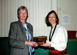 Patti Talbot (right), Co-Director of the Canadian Churches Forum for Global Ministries, presents the 2006 Katherine Hockin award to Our Lady's Missionaries' community leader Sr. Frances Brady.