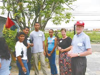 A group of young people in Guyana meet with Scarboro lay missioner Jean MacInnis and Fr. David Warren