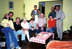 Scarboro missioners in Ecuador, L-R: Virginia Walsh and her father Tom, Marc Chartrand, Magda vanZyl, Carolyn Beukeboom, Pancho Walsh and his mother Julia Duarte, Fr. Charlie Gervais, Anne Quesnelle, Ignacio Pinedo, and Peter vanZyl. Magda and Peter were visiting from the Guyana mission. 2002.