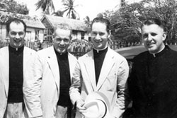 The first Scarboro missionaries to Guyana. 1953. (R-L) Frs. Ed Moriarty, Bas Kirby, Joe MacNamara, and Alex MacIntosh arrive in Guyana at the request of Bishop Weld, S.J., then bishop of the diocese.