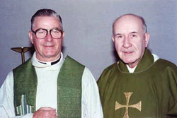 Scarboro missionary Fr. Hugh Sharkey (right) and Fr. Raymond Riley, then pastor of St.  Rose of Lima parish, Saint John, New Brunswick. Circa late 1970's