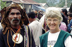 Sr. Maejanet with a community elder during a village celebration in Ainaro situated in a mountainous region of East Timor.