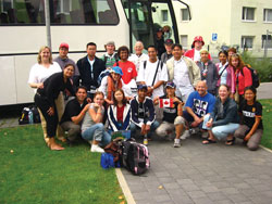 Shawna Fernandes (front, far left) and her group of Canadian pilgrims arrive in Cologne, Germany, for World Youth Day. August 2005.