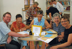 The two-week process included reviewing the history of lay missioners within Scarboro, introducing the lay and priest partnership agreement, ratifying policies, and electing new leadership for the lay community.  Above L-R: Mike Hiebert, Georgina Phelan, Maxine Bell, Jean MacInnis and Anne Harty formed one of many small groups to facilitate the process.