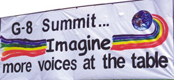 A sign for the G8 summit that was on the front lawn of Mount St. Joseph, motherhouse of the sisters of St. Joseph in London.