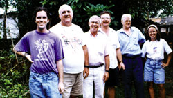 In 1996, new Scarboro lay missioner Paul McGuire joined the Brazil mission team. L-R: Paul, Fr. Omar Dixon, Bishop George Marskell, Fr. Ron MacDonell, Fr. Doug MacKinnon and lay missioner Karen Van Loon. Today, Frs. Dixon and MacDonell are the two remaining members of Scarboro's Brazil mission team. Karen Van Loon is now the coordinator of Scarboro's Justice and Peace Office in Canada. Bishop Marskell died in 1998 and Fr. MacKinnon in 2002, both of cancer.