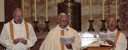 Concelebrating Mass are the members of Scarboro Missions' General Council: (L-R) Frs. John Carten, Jack Lynch and Michael Traher. Scarboro Chapel, Toronto.
