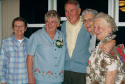 At Sr. Mary Deighan's 50th anniversary celebration. L-R: Srs. Rosemarie Donovan and Mary Deighan, Fr. Paul Lennon, a friend of Our Lady's Missionaries, and Srs. Patricia Kay and Doris MacDonnell. Home from Nigeria are Sr. Rosemarie who works with handicapped persons and Sr. Mary who is supervisor for the diocesan Primary Health Care program working particularly with persons affected by HIV/AIDS.  Sr. Patricia Kay who wrote, directed and filmed dramas with local people for AIDS awareness in Vandeikya is now stationed in Toronto after more than 26 years in Nigeria. Sr. Doris MacDonnell is home on leave from mission in Guyana