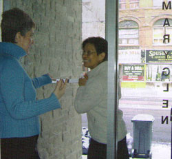 Zahra Bozorgi welcomes Sr. Lorie Nuñez to the Maryglen, Our Lady's Missionaries' ministry of affordable housing for women in downtown Toronto. Zahra, originally from Iran, works part-time as a receptionist at the Maryglen. This March, after 43 years of operation, Our Lady's Missionaries sold its Maryglen Residence to Nishnawbe Homes Aboriginal Group when continuing to provide affordable housing to men and women.
